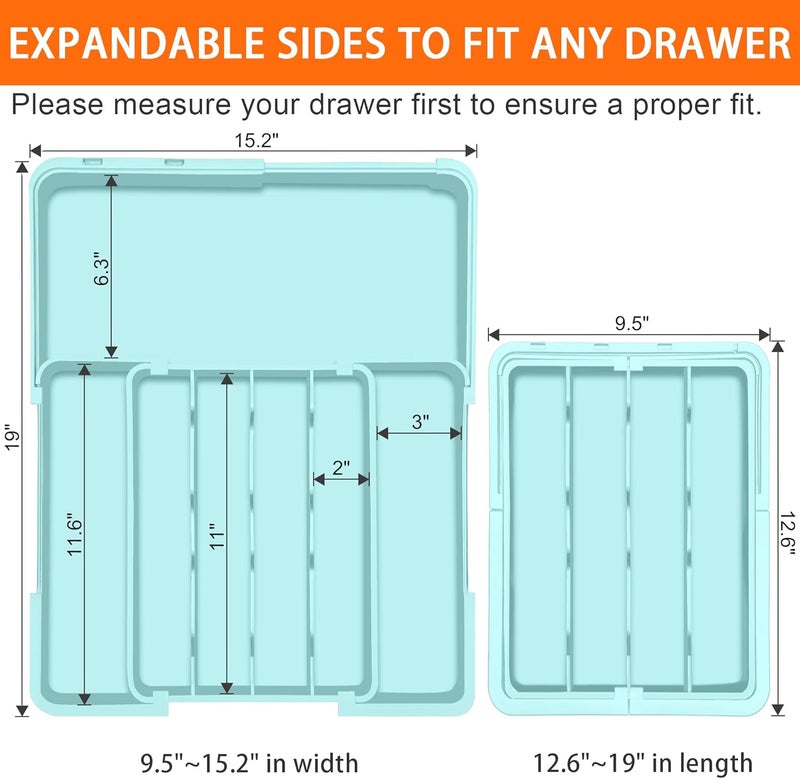 Spaclear Silverware Organizer - Expandable Silverware Drawer Organizer Adjustable Drawer Organizer, Silverware Tray for Drawer15.2"x 19" Cutlery Drawer Organizer, Kitchen Organizers Storage, Turquoise - Image 2